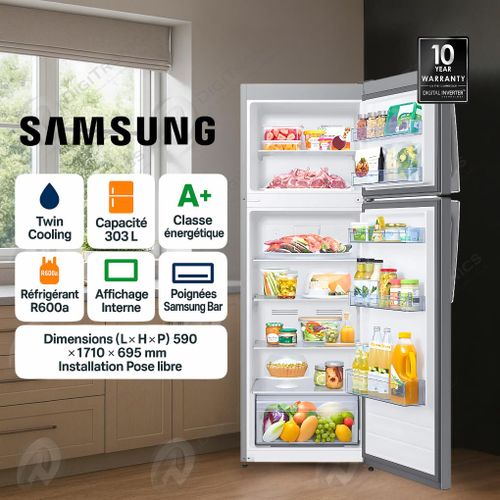 Samsung Réfrigérateur Combiné 303L Digital Inverter, Twin Cooling, Réfrigérant écologique, RT30A3100SA
 Fiche Technique et Prix au Maroc