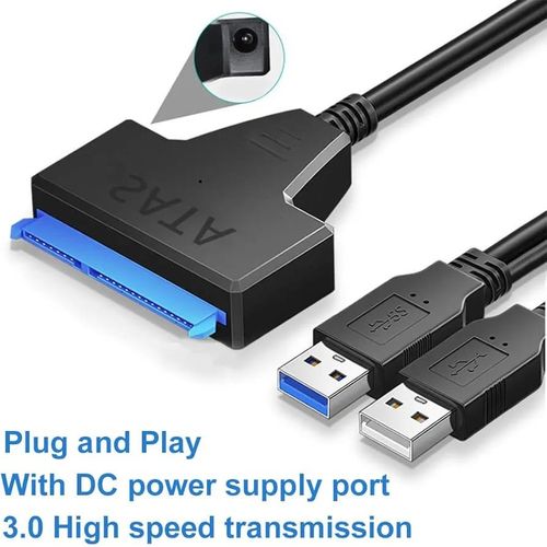 Câble Adaptateur USB 3.0 vers SATA III – Compatible SSD/HDD 2.5" & 3.5" avec Double USB et Port DC 12V/2A
 Fiche Technique et Prix au Maroc