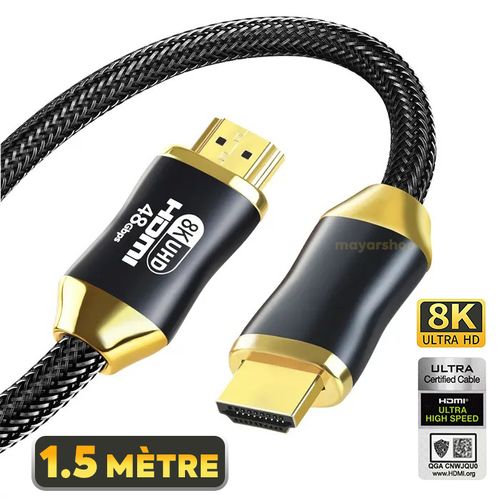 Câble HDMI 8K 2.1 1.5M 48Gbps HDCP 2.2 eARC, 3D ultra Haute Vitesse pour PC / PS4 / PS5 / Xbox / TV
 Fiche Technique et Prix au Maroc