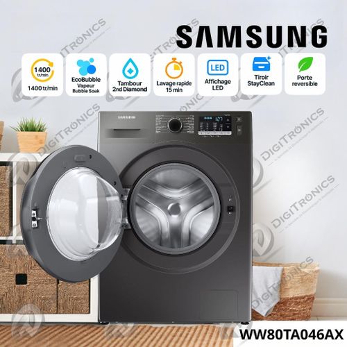 Samsung Lave-Linge Frontal 8kg, EcoBubble, Vapeur, 1400 tr/min, Inox, WW80TA046AX 
 Fiche Technique et Prix au Maroc