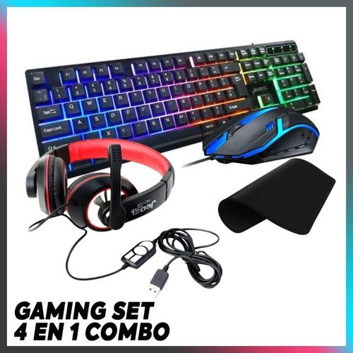 Jedel Combo Gaming 4 en 1  Clavier Rétroéclairé + Souris Optique + Casque Stéréo USB avec Micro + Tapis de Souris Antidérapant pour PC et Laptop
 Fiche Technique et Prix au Maroc