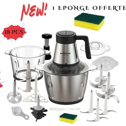 schlëizer Hachoir électrique professionnel  - 1400Watts - 6 Lames - 2bols Inox et verre
 Fiche Technique et Prix au Maroc