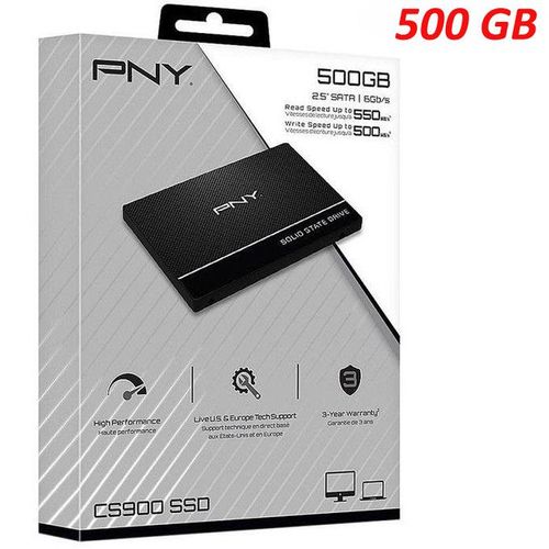Pny Disque Dur SSD Interne 500Go SATA III 6Gb, Vitesse lecture: 550  Mo/s, écriture: 500 Mo/s
 Fiche Technique et Prix au Maroc