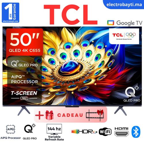 TCL 50 Pouces- GoogleTv – QLED PRO 4K UHD – 144HZ VRR – HDR10 PRO – Dolby Atmos - 50C655
 Fiche Technique et Prix au Maroc