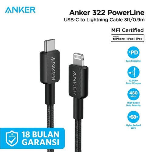 Anker 322 PowerLine USB C vers Lightning 60 W 1m Noir
 Fiche Technique et Prix au Maroc