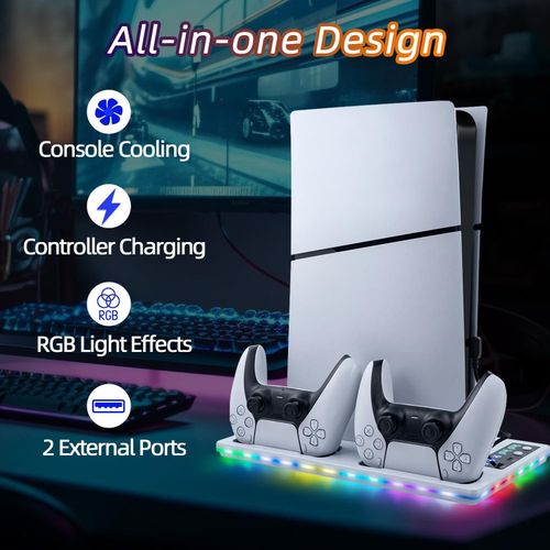 Support de refroidissement RGB pour PS5 Pro / PS5 Slim / PS5, station de charge à double contrôleurs avec ventilateur 3 niveaux réglables (3000/3600/4200 rpm )
 Fiche Technique et Prix au Maroc