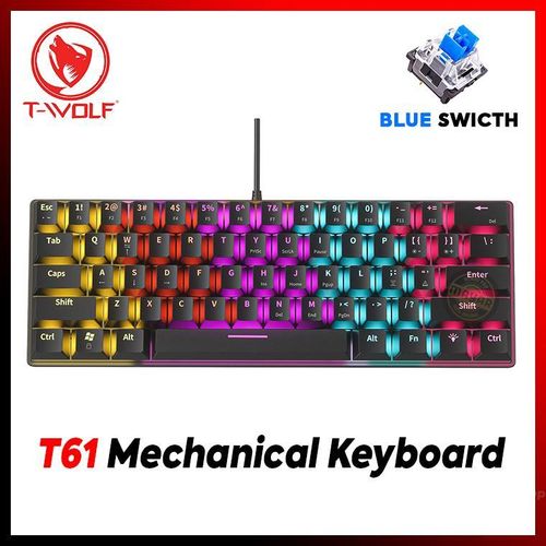 Twolf Clavier Gaming Mécanique T61 Format 60 % – 63 Touches – lumineuse Rétroéclairage  RGB – Blue Switch anti-ghosting  Connexion USB Filaire
 Fiche Technique et Prix au Maroc
