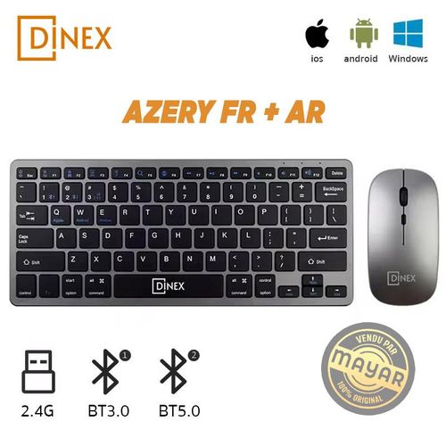 DINEX Pack combo clavier et souris sans fil Bluetooth 5.0 et clé 2.4G AZERTY + Arabe  pour PC, ordinateurs, Mac, avec touches de raccourci multimédia silencieux Souris DPI réglable
 Fiche Technique et Prix au Maroc