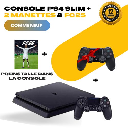 Sony Console PS4 Slim + 2 Manettes Noires & Jeu FC25 "Préinstallé dans la console"
 Fiche Technique et Prix au Maroc