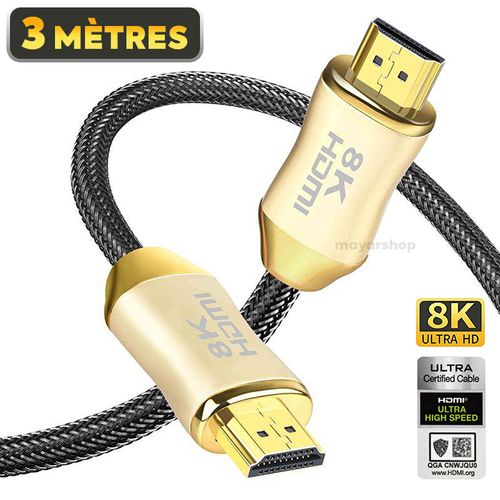 Câble HDMI 8K HDR 3M 48Gbps HDCP 2.2 eARC, 3D ultra Haute Vitesse pour PC / PS4 / PS5 / Xbox / TV
 Fiche Technique et Prix au Maroc