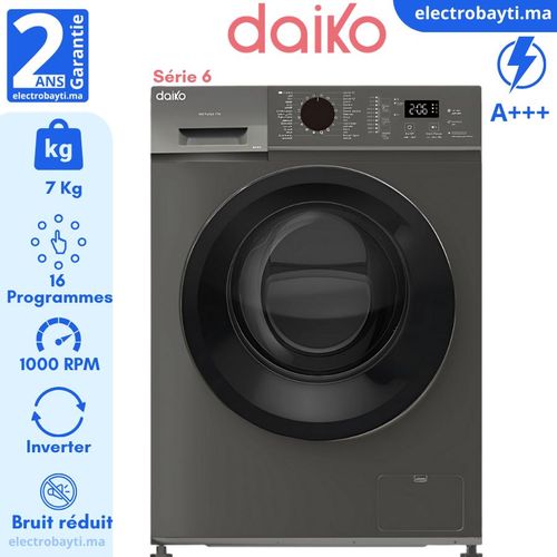 Daiko Machine à laver automatique 7Kg - Inverter Serie 6 - 1000 T/min, A+++, WI646SX66K
 Fiche Technique et Prix au Maroc