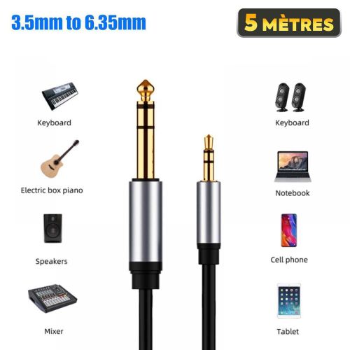 Câble audio JACK stéréo 3,5 mm mâle à 6,5 mm 5 Mètres, pour casque, guitare, piano, amplificateurs
 Fiche Technique et Prix au Maroc