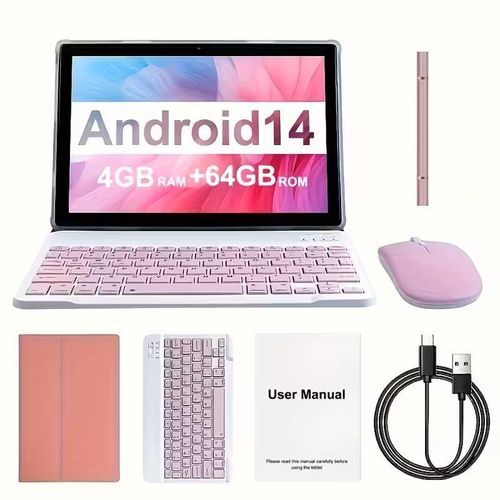 Tablette  10,1 po (25,6 cm) Android 14, tablette 5-en-1 avec clavier, souris, étui, stylet, 64Go ROM, 4 Go RAM (+ 8Go extensible), double caméra, écran IPS HD 1280×800, GMS, coque protectrice antichoc.
 Fiche Technique et Prix au Maroc