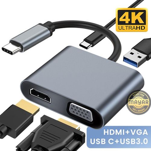 Hub 4 en 1 Type C 100w, USB 3.0 / 3.1 , type C vers 4K HDMI + 1080P VGA Adaptateur ET PD Macbook
 Fiche Technique et Prix au Maroc