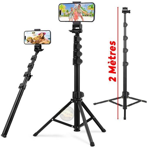 trépied professionnel multifonction extensible jusqu’à 2 mètres rotation à 360° en acier au carbone Base renforcée et l'option de Mode Selfie
 Fiche Technique et Prix au Maroc