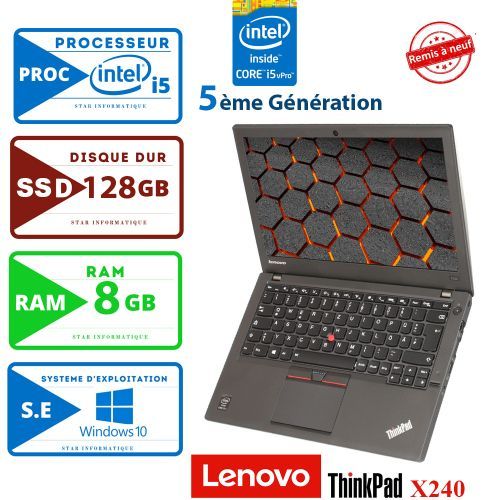 Lenovo ThinkPad X240 - 12.5" - Intel Core i5 - 8GB RAM + 128GB SSD - Windows - Remis à neuf
 Fiche Technique et Prix au Maroc