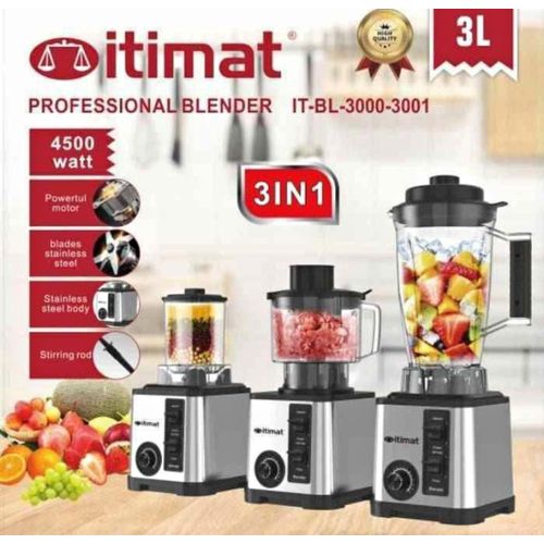 Itimat Mixeur Blender 3 En 1 Puissant 4500 W, Bol incassable de 3 litres & Mandoline lame INOX, hachoir et moulin à épices
 Fiche Technique et Prix au Maroc