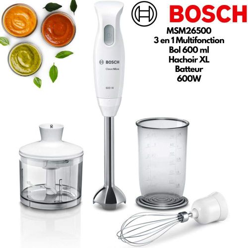 Bosch MSM26500 CLEVERMIXX – Mixeur Plongeant 3 en 1 Multifonction, 600W Puissant, Pied Inox Antiprojection, Gobelet Doseur 600 ml + Hachoir XL + Batteur Inclus – Performance & Précision au Quotidien
 Fiche Technique et Prix au Maroc