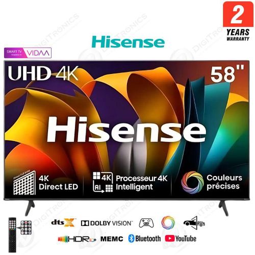 Hisense Téléviseur Intelligent 58” 4K Ultra HD Système Vidaa Série A6N Dolby Vision, avec Garantie de 2 Ans, 58A6N
 Fiche Technique et Prix au Maroc