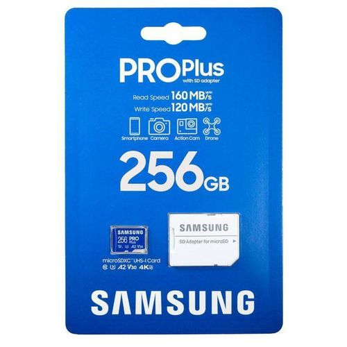 Samsung Carte mémoire 256G PRO Plus microSDXC™ UHS U3 V30 4K Pour Téléphone Drone Caméra - Vitesse 160MB/s
 Fiche Technique et Prix au Maroc