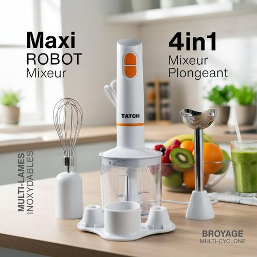 TATCH Maxi Robot Mixeur Plongeant 4 en 1 - Pied INOX – Hachoir + Blender + Fouet + Rangement - Moteur Puissant 2 Vitesses, Lames Inoxydables, Bol Grande Capacité – Multifonction, Idéal Soupes, Purées & Smoothies – Prix Pas Cher Maroc
 Fiche Technique et Prix au Maroc