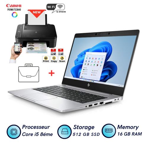 Hp Pack EliteBook 830 G6 - Core i5-8365U - RAM 16 Go - SSD 512 Go + Imprimante Canon PIXMA TS3640 - Wi-Fi - Multifonction - (Imprimante: Neuve - PC remis à neuf)
 Fiche Technique et Prix au Maroc