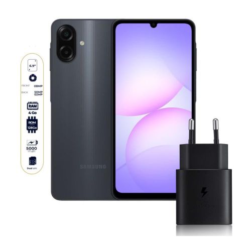 Samsung Galaxy A07 – 6.7" – 128 Go – 4 Go RAM – Helio G99 – 5000 mAh/25W – 50MP + Adapter – Noir
 Fiche Technique et Prix au Maroc