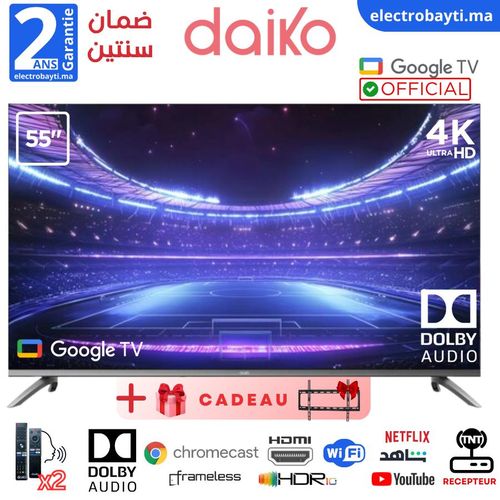 Daiko 55"- Google TV 5.0– 4K UHD, HDR10, HLG, Audio Dolby - GLED55AI96DK
 Fiche Technique et Prix au Maroc