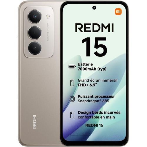XIAOMI Redmi 15 NFC– 6.9" – NFC - 256 Go – 8 Go RAM (jusqu’à 16 Go) – Snapdragon 685 – 7000mAh-33W – 50MP – TITAN GRAY
 Fiche Technique et Prix au Maroc