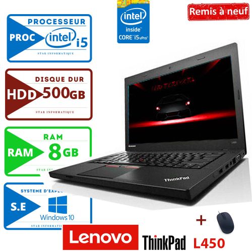 Lenovo PC Portable ThinkPad L450 - 14" - Intel Core i5 - 8GB RAM + 500GB HDD - Windows - AZERTY - Remis à neuf
 Fiche Technique et Prix au Maroc