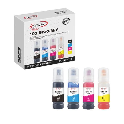 Boston Pack de 4 Bouteilles d’Encre 70ml – Compatible Epson Ecotank 103 (Noir, Cyan, Magenta, Jaune)
 Fiche Technique et Prix au Maroc