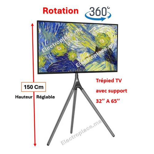 Trépied TV avec support, chevalet TV pour téléviseurs de 32 à 65 pouces jusqu'à 40 kg, hauteur réglable et pivotant à 360° support de sol pour chambre à coucher, maison, studio, bureau
 Fiche Technique et Prix au Maroc