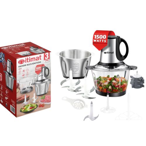 Itimat Hachoir Électrique Professionnel 1500W – Double Bol Inox et Verre, 3 Litres de Capacité
 Fiche Technique et Prix au Maroc