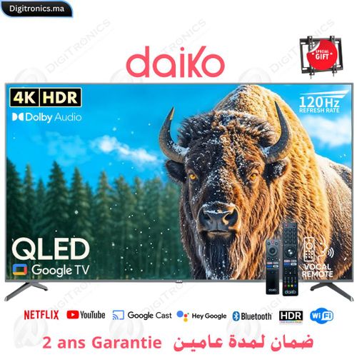 Daiko 55 QLED 4K UHD Google TV Dolby Audio, HDR10, 120Hz + Support gratuit, QLED55GU25DK
 Fiche Technique et Prix au Maroc