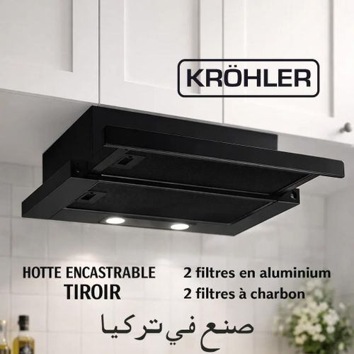 Kr”hler Hotte encastrable tiroir 60 cm système filtration combiné 460 m³/h, Noir, EKH-TIR60-BLK
 Fiche Technique et Prix au Maroc