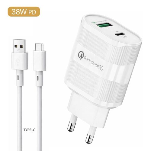 Chargeur Mural Rapide Double Port 38W – USB & Type-C (PD + QC 3.0)
 Fiche Technique et Prix au Maroc