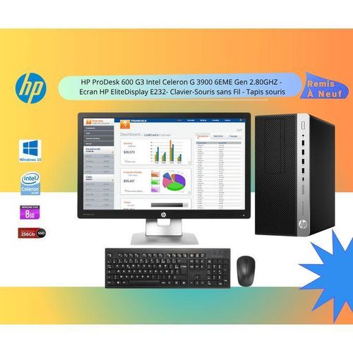 Hp PC de bureau ProDesk 600 G3 Intel Celeron G 3900 6ème Gén 2.80GHZ - Écran EliteDisplay E232 - Clavier et Souris sans Fil - Tapis de souris
 Fiche Technique et Prix au Maroc