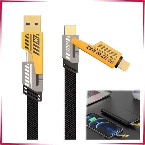 câbles de charge rapide 4 en 1,65W,transfert de données,Câble Multi USB ,Câble de Chargement Nylon avec Type C Lightning pour iPhone Samsung MacBook
 Fiche Technique et Prix au Maroc