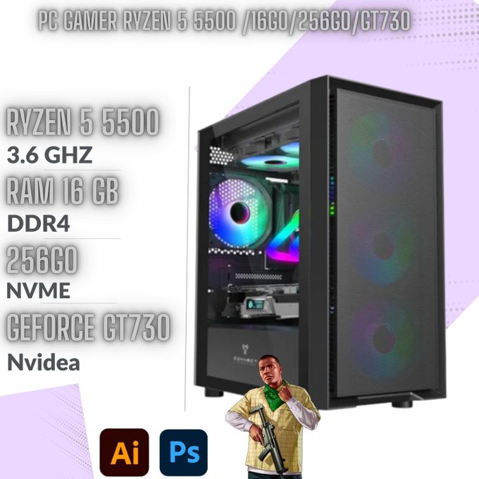 Unité Centrale Gamer Ryzen 5 5500 3.6Ghz/ 16Go DDR4/ 256Go Nvme/ GPU Nvidea GeForce GT730 2Go -NEUF
 Fiche Technique et Prix au Maroc
