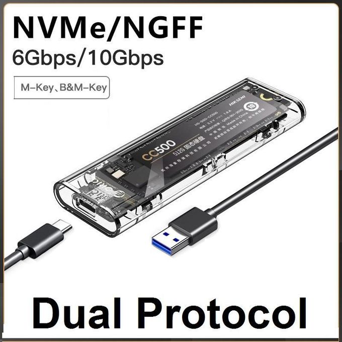 Boîtier SSD M2 NVMe+NGFF double protocole SSD USB 3.2 Gen2 10 Gbps Transparent Boîtier pour disque dur externe
 Fiche Technique et Prix au Maroc