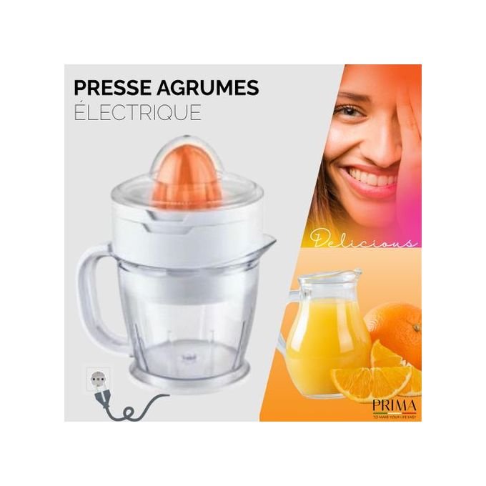 Prima Presse-Agrumes Électrique 1,2L – Bol Transparent Gradué, 2 Cônes (Orange & Citron), Couvercle Anti-Poussière – 40W Haute Efficacité. White.
 Fiche Technique et Prix au Maroc