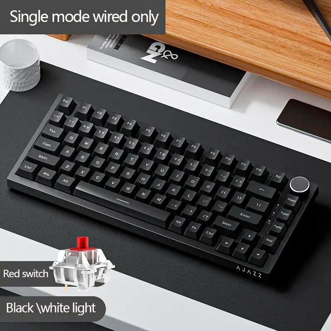 AJAZZ Clavier de jeu mécanique filaire AK820 avec une disposition à 75 %. Il dispose d'un bouton de volume, de LED orientées vers le sud, de touches en PBT, d'un éclairage RGB programmable, d'un design ergonomique et d'un câble USB-C détachable
 Fiche Technique et Prix au Maroc