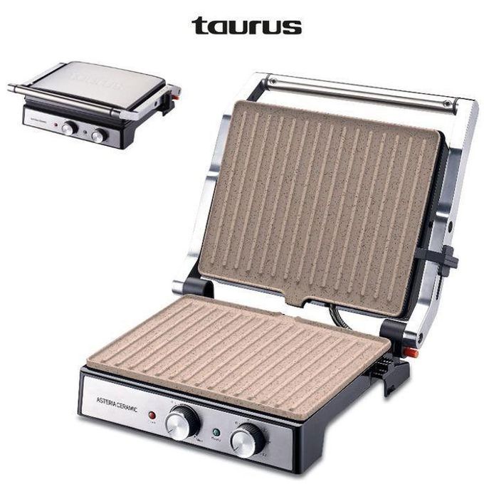 Taurus Panini grill double face 2en1 revêtement granit ouvrable 180° 2000w thermostat+minuterie inox/noir
 Fiche Technique et Prix au Maroc