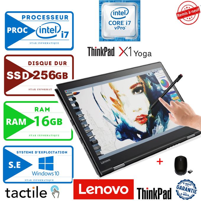 Lenovo Notebook ThinkPad X1 YOGA  i7–6600U-16Go-256Go SSD-AVEC STYLET-TACTILE-REMIS A NEUF
 Fiche Technique et Prix au Maroc