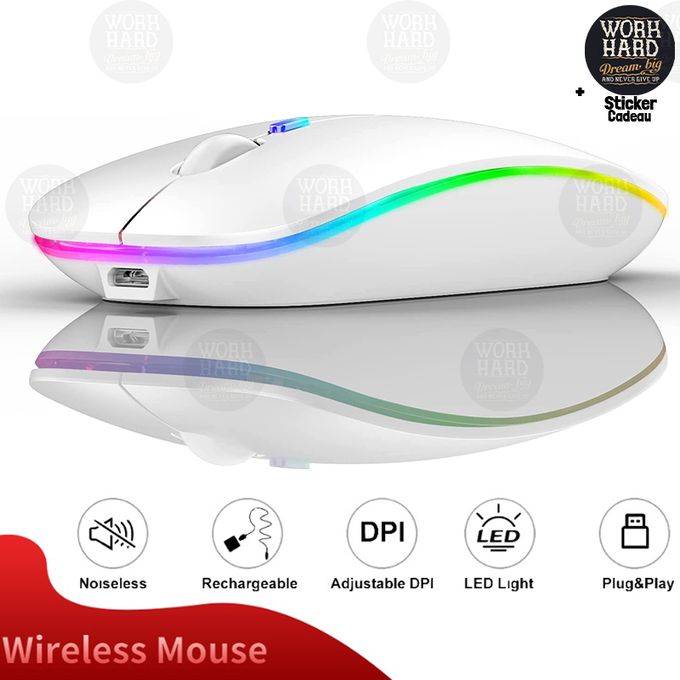 Azami Tech Souris sans fil,rechargeable et silencieuse,éclairage Blanc RGB+Stickers Gratuit
 Fiche Technique et Prix au Maroc