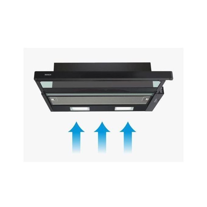 Bosch Hotte télescopique noir 60 cm avec filtre à graisse aluminium éclairage led silencieuse 3 vitesses, DFT63CA60Q
 Fiche Technique et Prix au Maroc