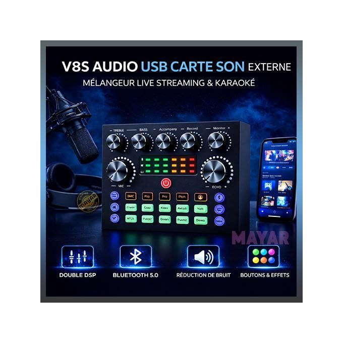 Carte Son Externe V8S Audio USB – Mélangeur Live Streaming & Karaoké Bluetooth 5.0 avec Double DSP, Réduction de Bruit et Effets Sonores
 Fiche Technique et Prix au Maroc