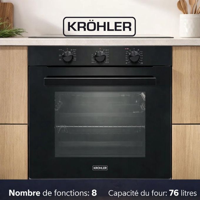 Kr”hler Four électrique encastrable 76 L, 8 fonctions + plateau émaillé + grille chromée, FEE-8888-BL
 Fiche Technique et Prix au Maroc
