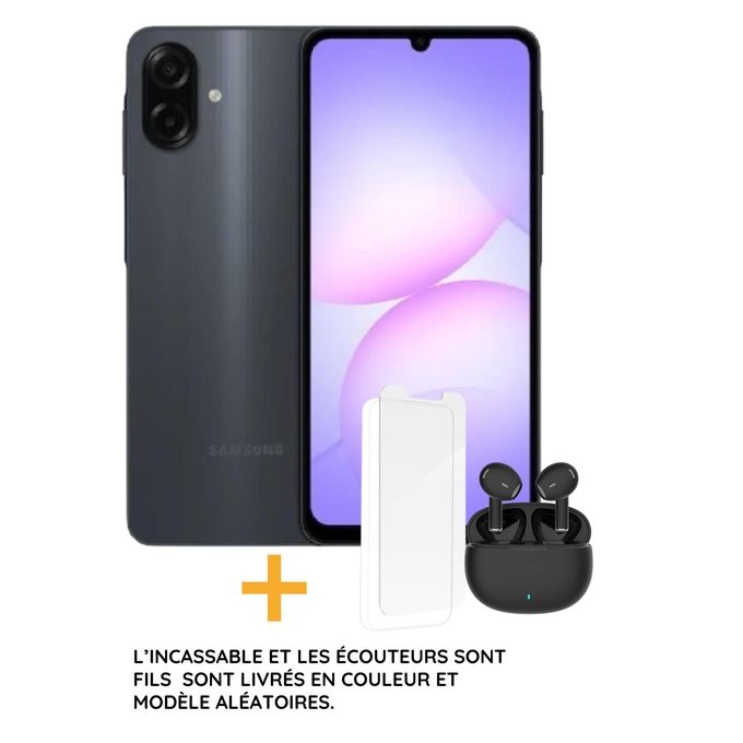 Samsung A07 Noir – 4 Go RAM, 64 Go Stockage Écran AMOLED 6.7" Caméra 50 MP Batterie 5000 mAh
 Fiche Technique et Prix au Maroc