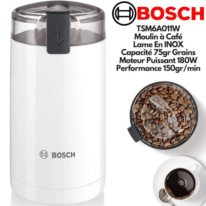 Bosch TSM6A011W Moulin À Café Et Epices Moteur Très Puissant 180W Pour Une Mouture Parfaite Pour Mouture Parfaite Capacité 75 Grs Lames En Acier Inoxydable Qualité Allemande
 Fiche Technique et Prix au Maroc